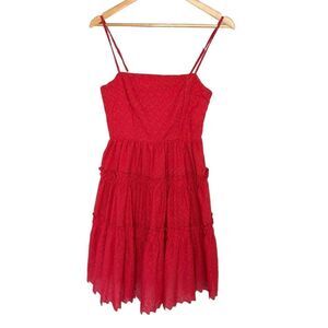 LALIBELA Mini Dress Size S Red Eyelet Tiered Spaghetti Straps Bohemian Chic